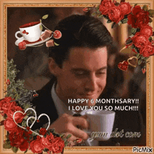 a picture of a man drinking a cup of coffee with roses around him