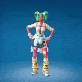 a girl with green hair and red face is dancing