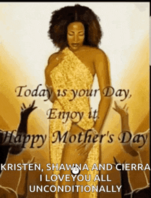 a picture of a woman in a gold dress says today is your day