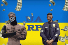 a man in a skull mask and a police officer stand in front of a ua rp sign