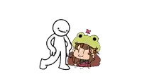 a cartoon of a man and a girl with a frog hat on their heads .
