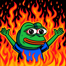 a cartoon of a frog surrounded by flames with his arms outstretched