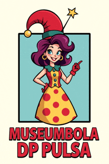 a cartoon drawing of a woman in a clown costume and the words museumbola dp pulsa below her