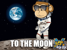 a cartoon of a monkey in a space suit with the words to the moon on the bottom
