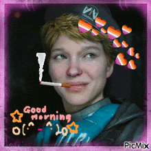 a picture of a woman smoking a cigarette with the words good morning written on the bottom