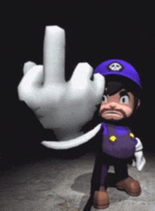 a cartoon character wearing a purple hat and gloves is giving the middle finger