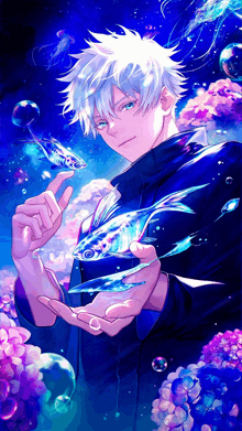 a person is holding a fish in their hands surrounded by jellyfish .