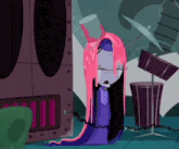 a cartoon character with pink hair and a purple dress is crying