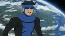 a cartoon character wearing sunglasses and a blue and black suit stands in front of the earth