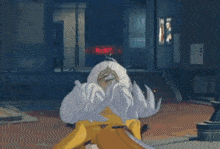 a cartoon character is holding a sword and wearing a yellow outfit .
