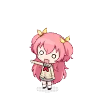 a cartoon girl with pink hair and yellow bows on her ears is pointing .