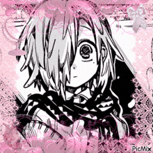 a black and white drawing of a girl with a pink background that says picmix on the bottom