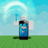a cartoon character with a cell phone and a fork