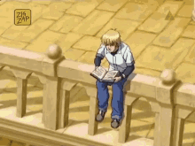 a cartoon of a man reading a book with a zig zag logo in the corner