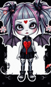 a little girl with bat wings and a red heart