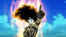 a cartoon character with a flame coming out of his head points upwards
