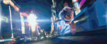a cartoon cat is walking down a city street at night