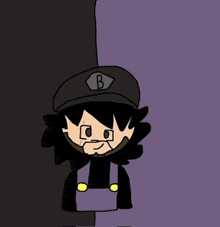 a cartoon character wearing a hat with the letter b on it is standing next to a purple wall .