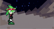 a pixel art of a green hedgehog with a red bow on his head