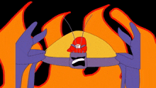 a cartoon drawing of a purple hand holding a yellow object with a face on it