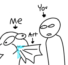 a drawing of a person holding a piece of art with the words " me " and " you " above them