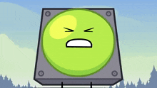 a cartoon drawing of a green button with a sad face on it