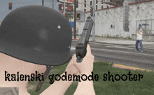 a man in a helmet holding a gun with the words kalenski godemode shooter on the bottom