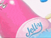 a close up of a pink cup with the word jelly on it