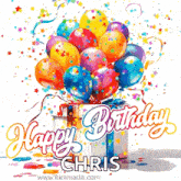 a birthday card for chris with balloons and a gift box