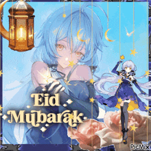 a greeting card that says eid mubarak with a blue haired anime girl