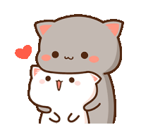 a gray cat is hugging a white cat with a heart behind them .