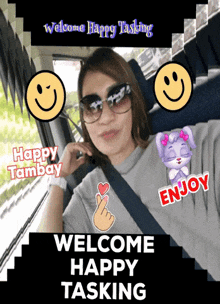 a woman in a car with the words welcome happy tasking on the bottom