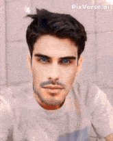 a man with blue eyes and a beard has pixverse.ai written above him