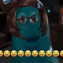 a cartoon character with glasses and a can on her head