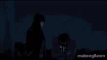 a cartoon of batman and the joker talking at night