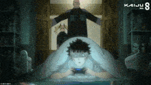 a poster for kaiju no 8 shows a man standing behind a girl playing a video game