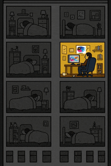 a cartoon of a man using a computer in his bedroom
