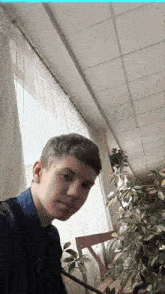a young man is sitting in front of a window with a plant in front of him