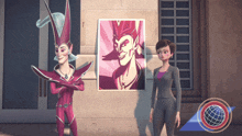 two cartoon characters are standing in front of a poster of a woman