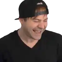 a man wearing a black shirt and a hat that says nvc3 is laughing