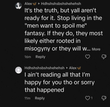 a black screen with a reply from alex that says it 's the truth
