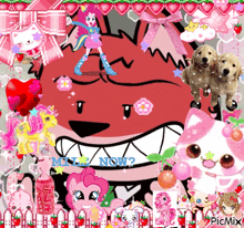 a picture of a fox surrounded by pink ponies and a can of soda that says " milk now "