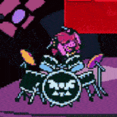 a pixel art illustration of a person playing drums .