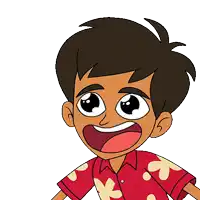 a cartoon boy wearing a red shirt with white flowers on it