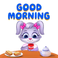 a cartoon of a bunny holding a cup of coffee and the words good morning