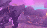 a video game scene with a purple background
