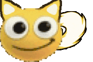 a close up of a cartoon cat with big eyes and a tail .