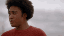 a young man with an afro is wearing a red sweater and looking away from the camera