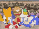 a group of cartoon characters including sonic the hedgehog and tails are standing next to each other .