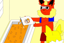 a cartoon of a fox holding a flag that says goldfish